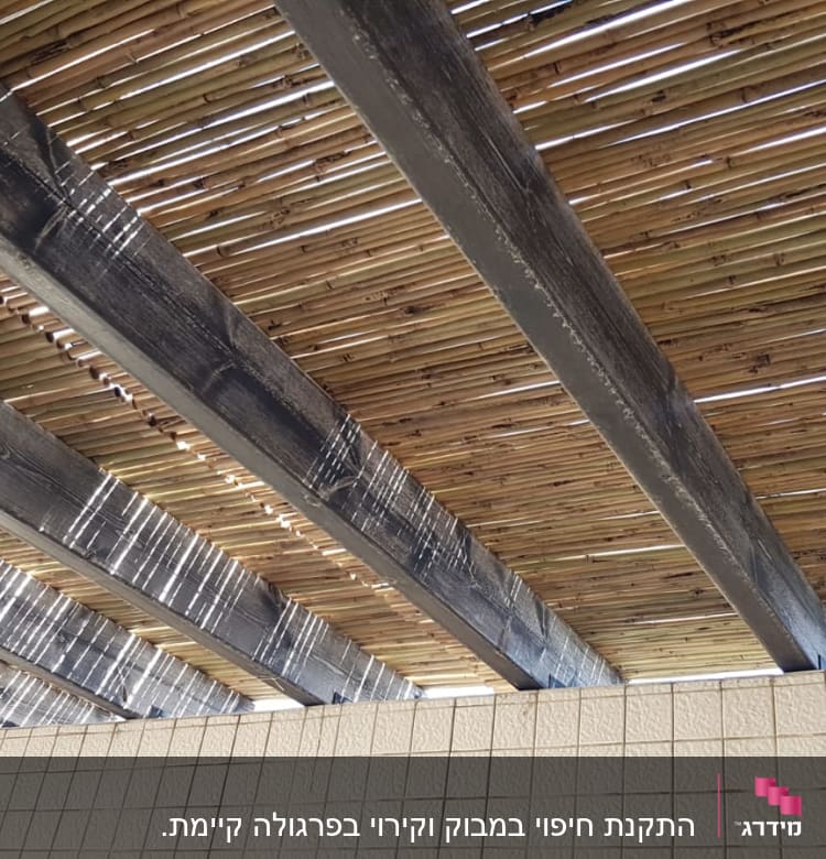 תקרת במבוק עם קורות עץ כהות